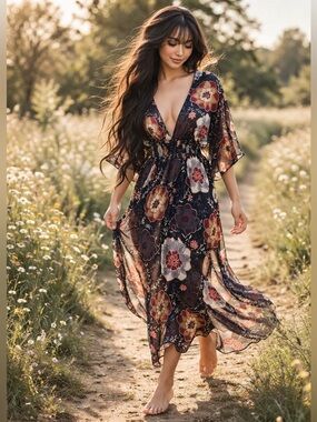 Shades of Autumn blooming sheer floral boho kimono floaty maxi dress sm
